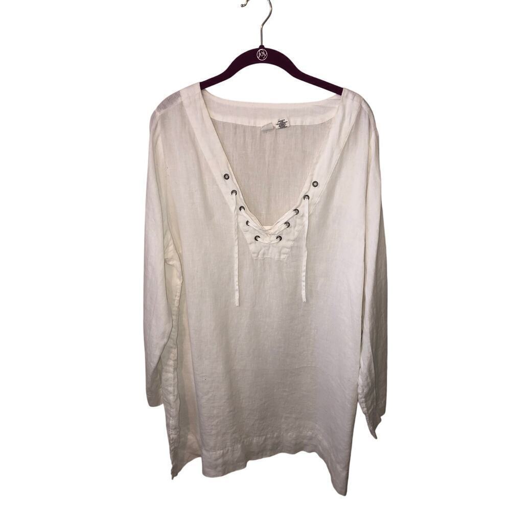 Linen Peasant Top Size 1X White Tunic Long Sleeve Grommet Lace Up Neckline Plus